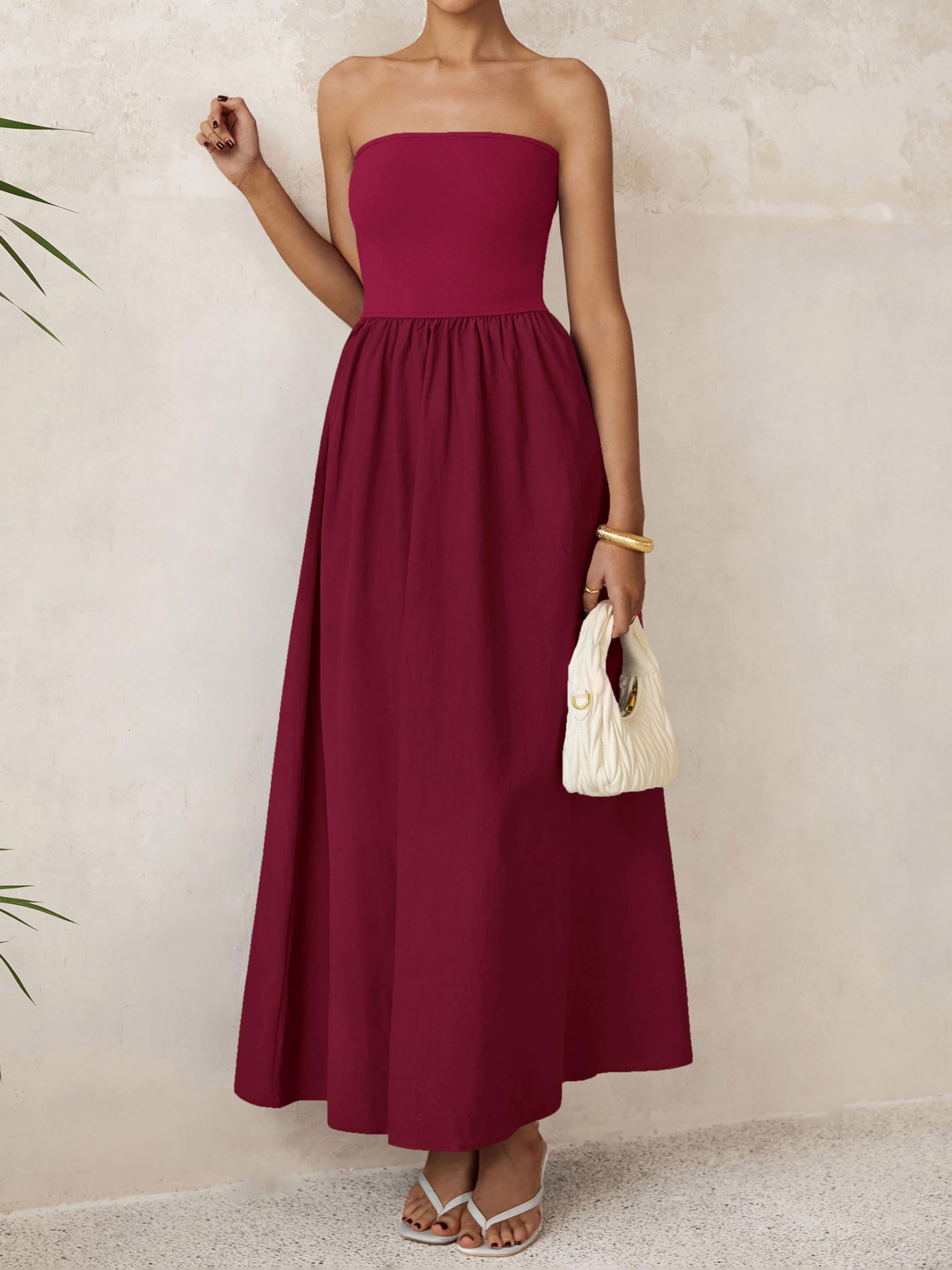 PRETTYGARDEN Women 2026 Summer Elegant Strapless Maxi Dress Tube Top Dress A Line Flowy Long Wedding Party Cocktail Dresses(Wine Red,X-Small)