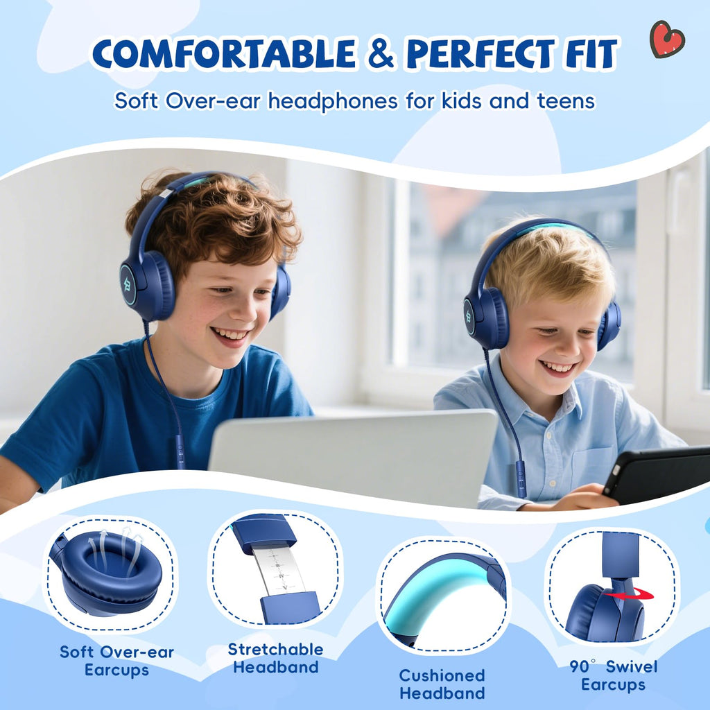 Kids Headphones Wired for School, 85/94dB Volume Limit, Wired Over Ear Headphones for Kids Boys Girls with Microphone, Stereo Sound 3.5mm Cord for Kindle Tablet Airplane Travel, Navy Blue