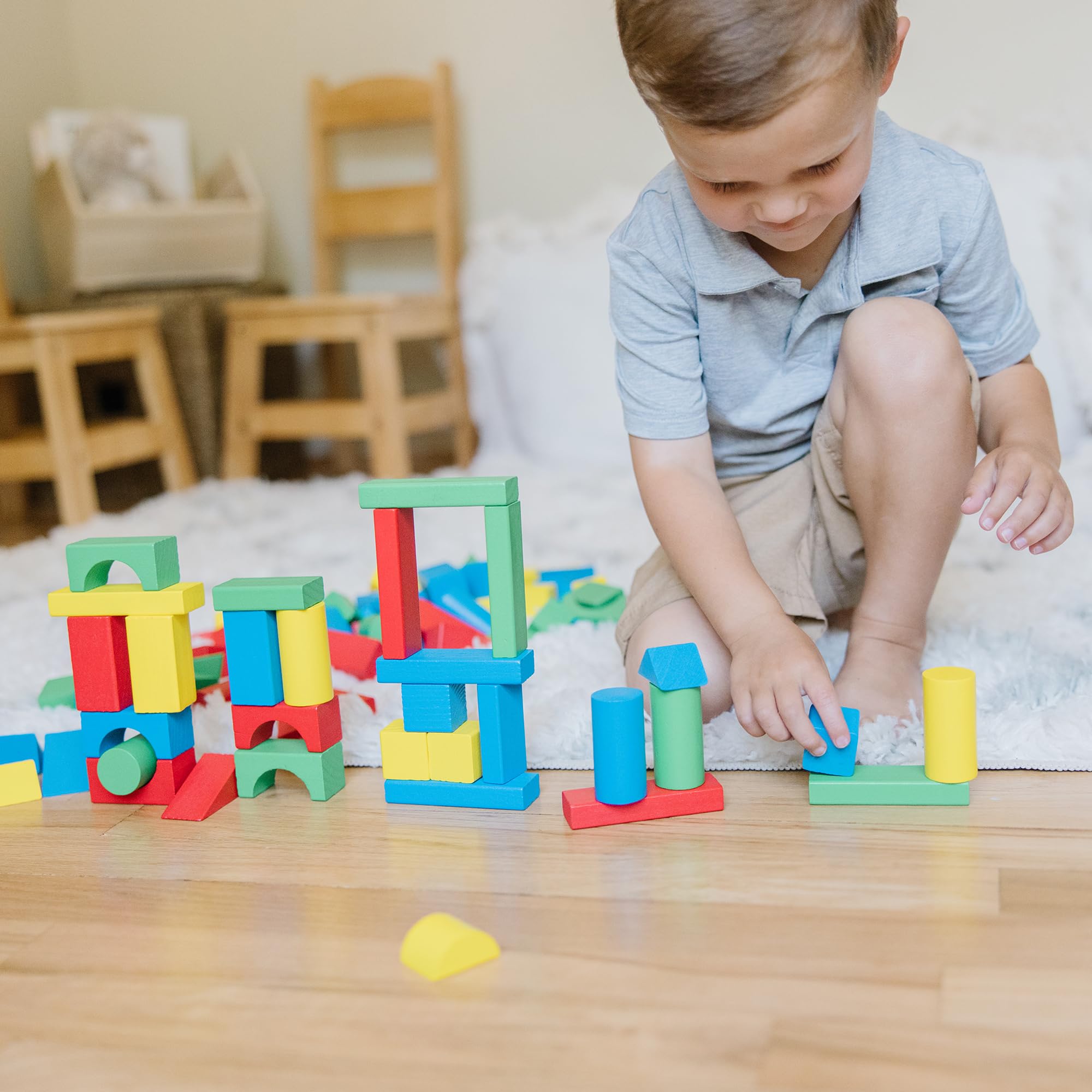 Melissa & Doug Wooden Building Blocks, 100-Piece Set of Sorting & Stacking Toys in 4 Colors and 9 Shapes, Classic Toddler Toys for Girls & Boys Ages 2+ - FSC Certified