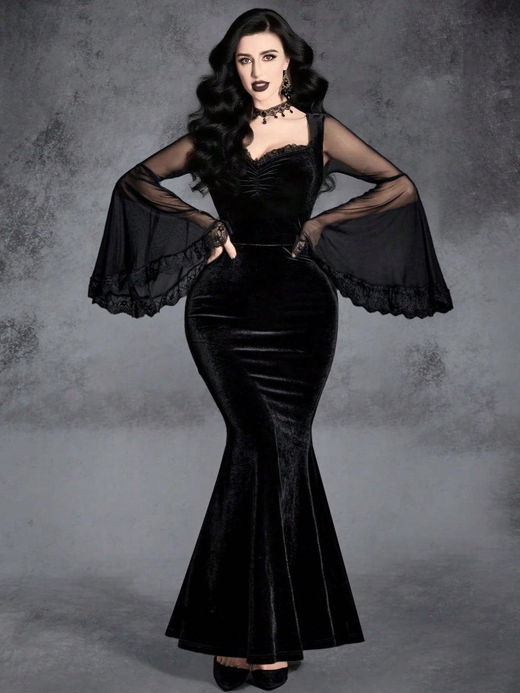 GothDark Women's Goth Dress Black Velvet Mermaid Mesh Bell Sleeve Lace Trim Sexy Vintage Cosplay Party Dresses