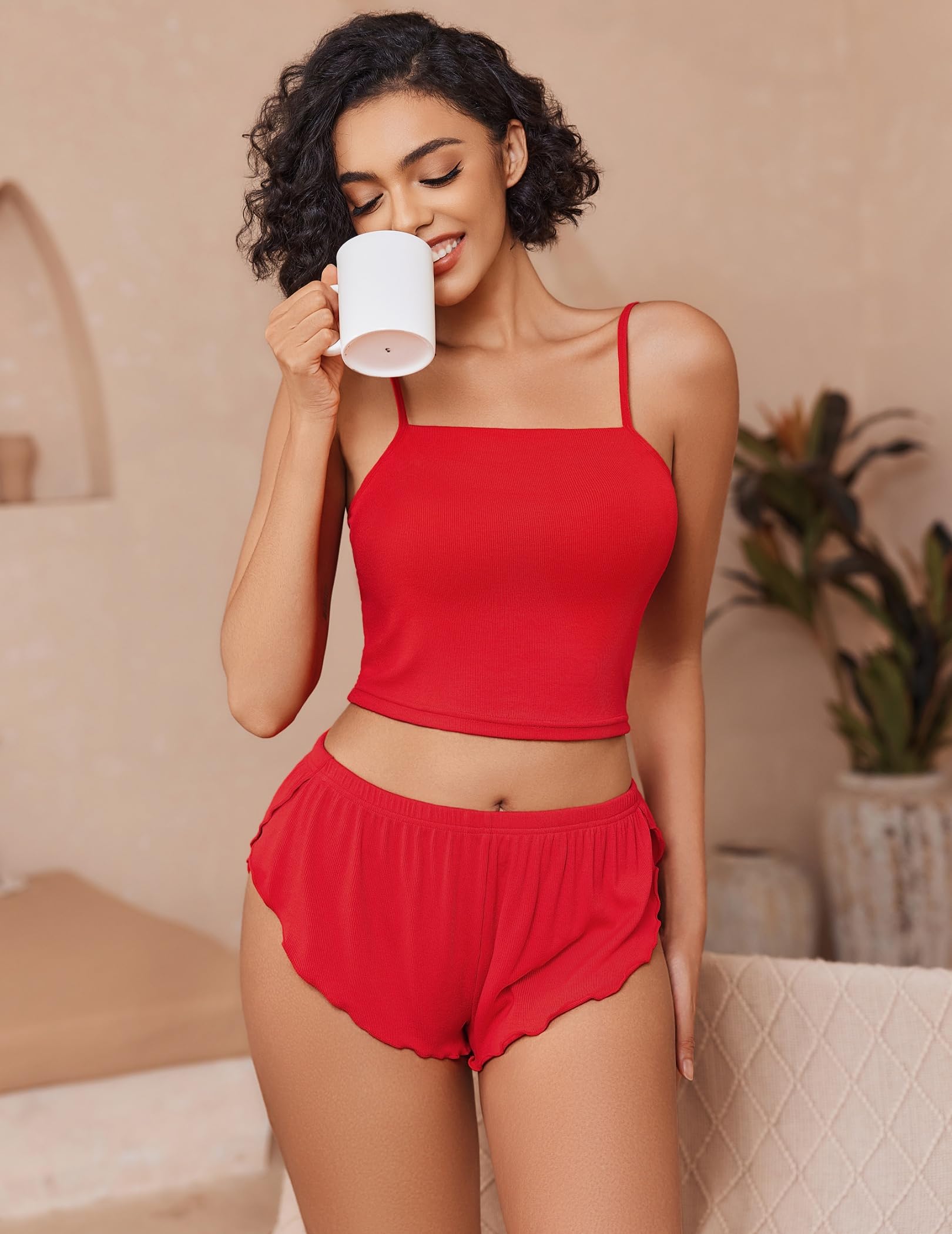 Avidlove Women's Pajama Sets 2 Piece PJ Sets for Women Sleepwear Ribbed Pajama Side Slit Nightwear Lingerie Red X-Large