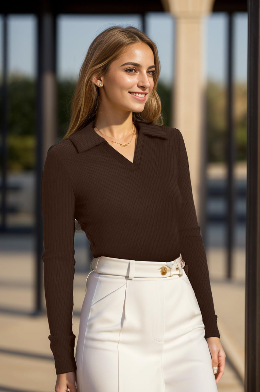 WIHOLL Fall Outfits for Women 2026 Fashion Long Sleeve Shirts Business Casual Tops V Neck Old Money Clothes Thermal Sweaters Coffee S