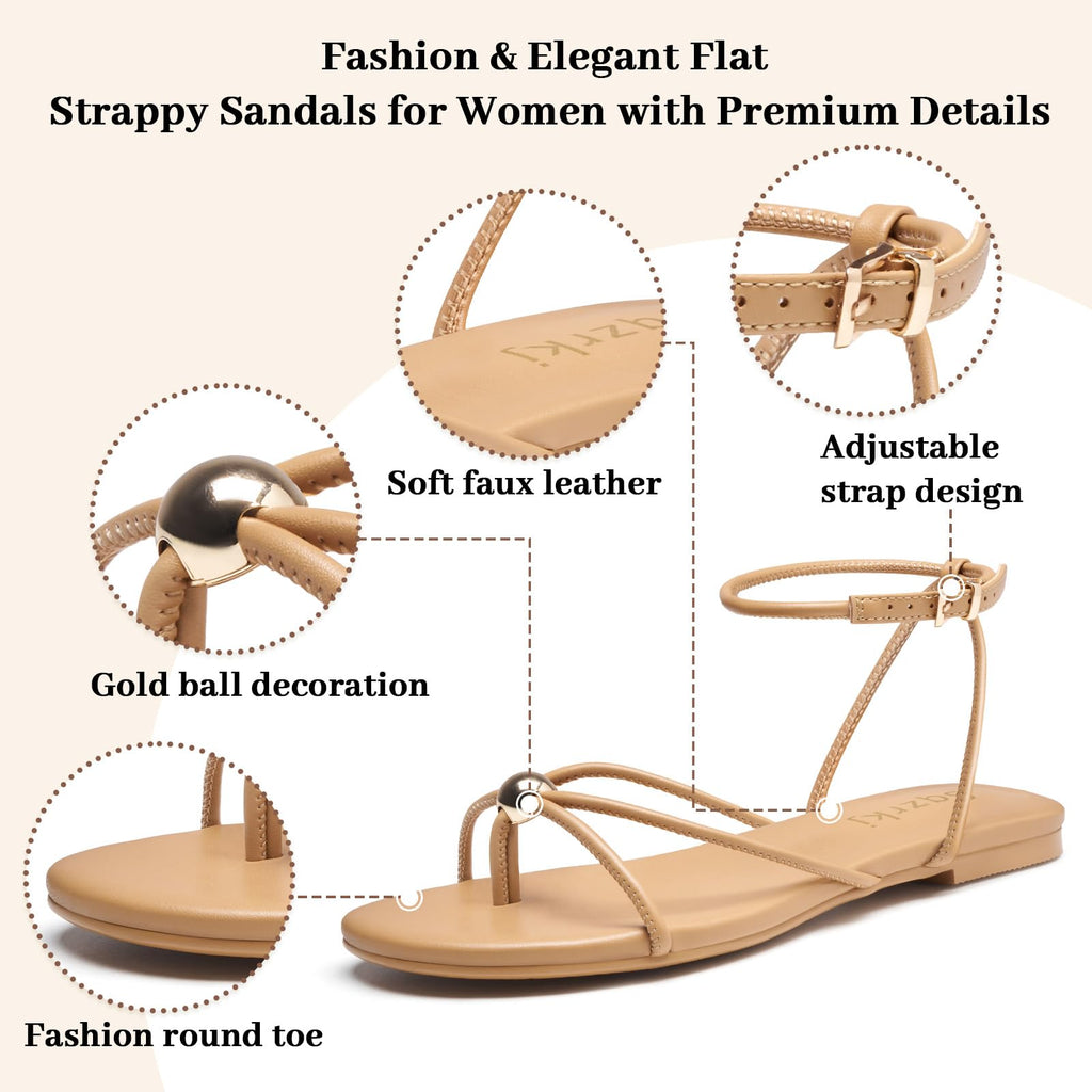 Sqzrkj Strappy Flat Sandals for Women Comfortable Open Round Toe Ankle Strap Thong Flip Flops Sandals Summer Beach Dressy Shoes Brown Size 6