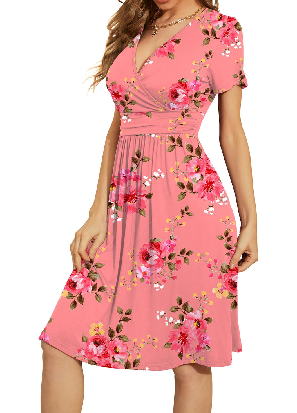 WEACZZY Womens Summer Short Dress Midi Dress Empire Waist Dresses for Women Flowy Dress Floral Sundress with Pockets,Floral Pink,M