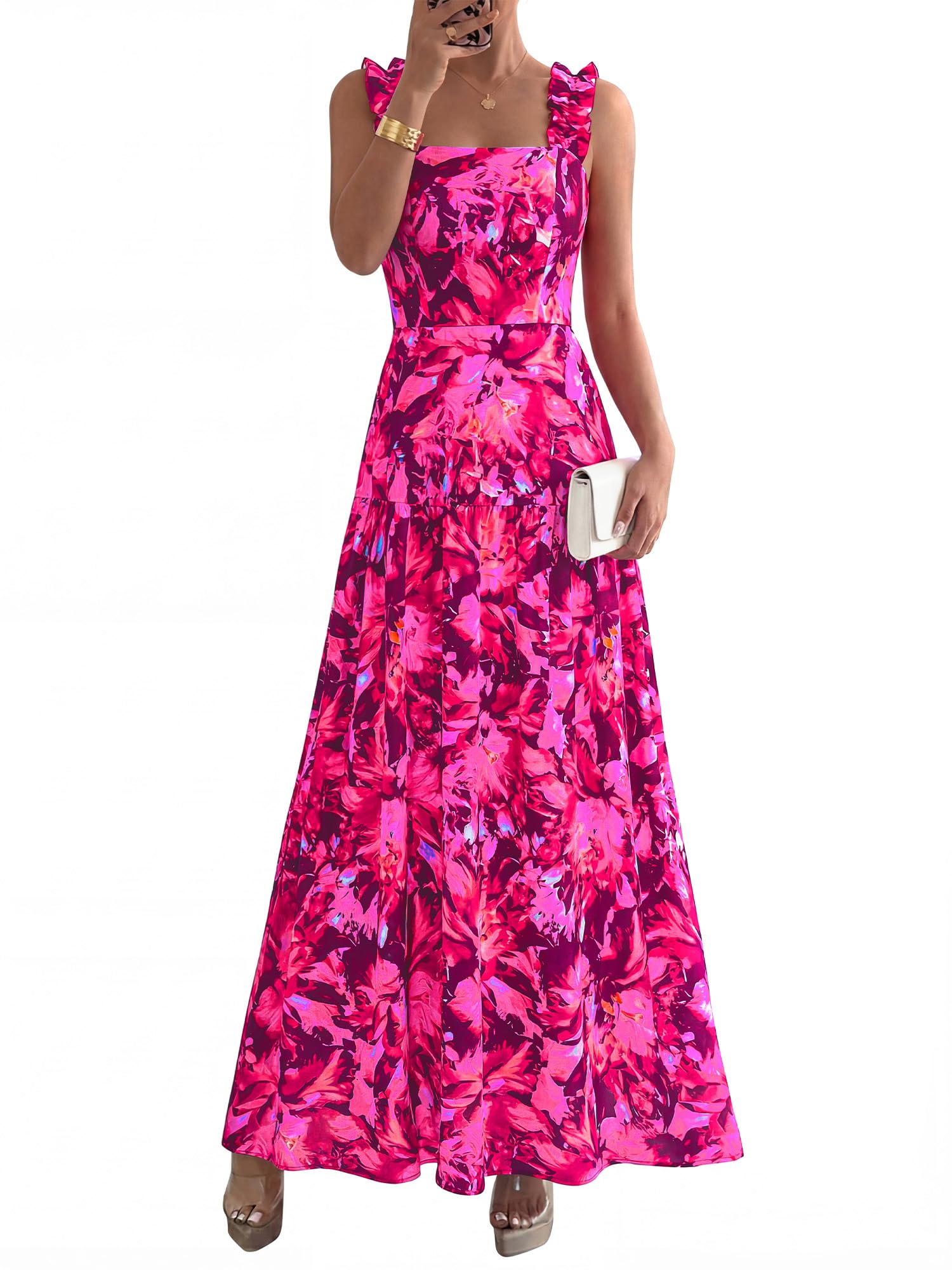 BTFBM Dresses for Women Summer 2026 Formal Sleeveless Smocked Floral Long Wedding Guest Dress Party Spring (Floral Rose Red,Large)