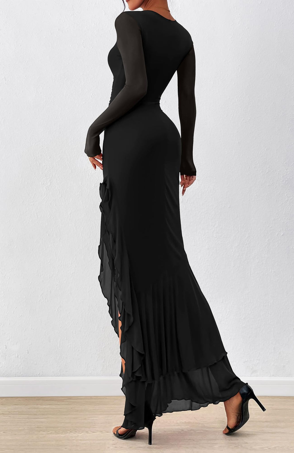 BTFBM Women's Maxi Dresses Spring 2026 Long Sleeve Ruched Bodycon Solid Ruffle Mermaid Cocktail Wedding Guest Dress(Black,Large)