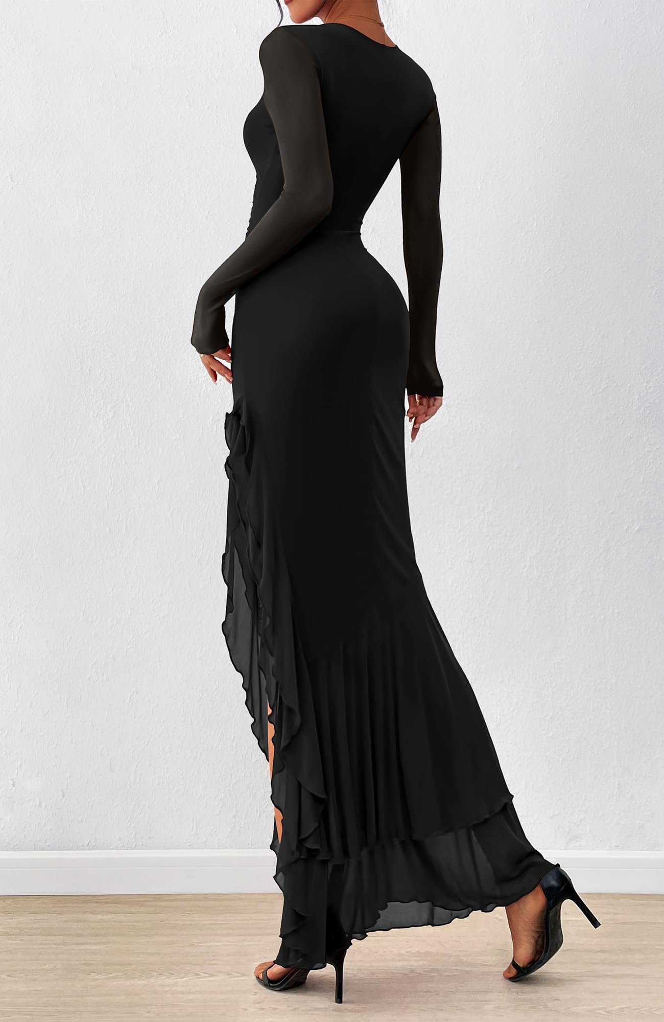 BTFBM Women's Maxi Dresses Spring 2026 Long Sleeve Ruched Bodycon Solid Ruffle Mermaid Cocktail Wedding Guest Dress(Black,Large)