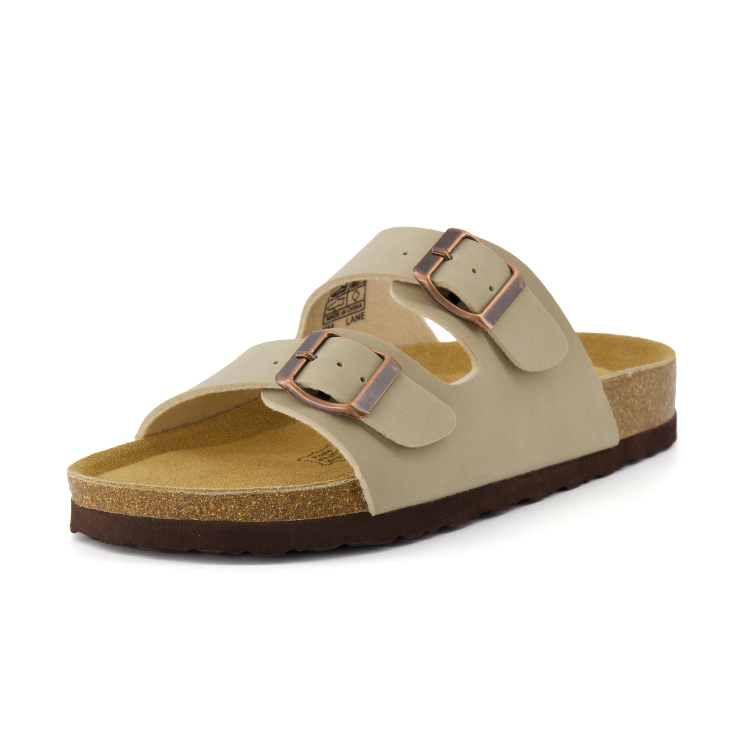 CUSHIONAIRE Lane Cork Footbed Womens Sandals Comfortable Double Buckle Slip On Sandals for Women with Arch Support and Classic Two Strap Design, STONE 8W