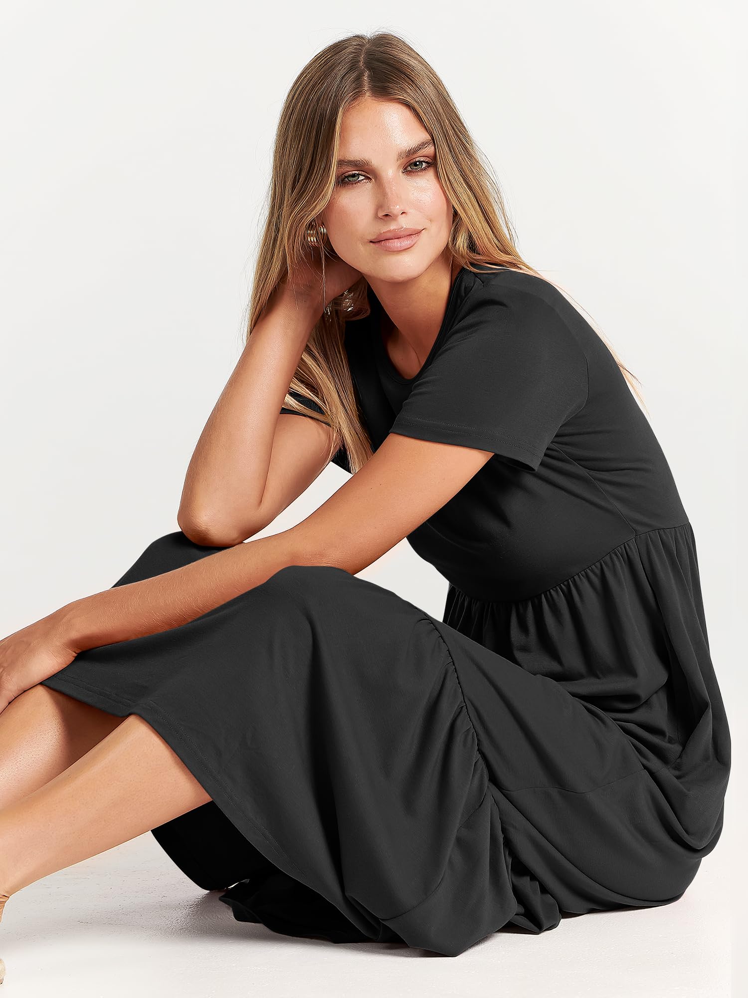 ANRABESS Womens 2025 Summer Casual Maxi Dress A line Tiered Flowy Short Sleeve Crewneck T Shirt Beach Travel Long Dresses Black Small