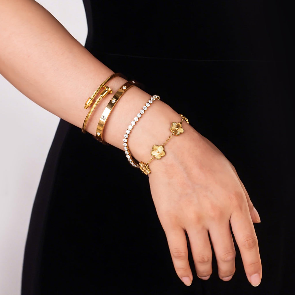 GIVCHO 18K Gold Plated Nail Love Bangle Bracelet Set for Women Stackable Floral Clover Adjustable Tennis Bracelet Non Tarnish Gift Jewelry for Christmas Valentines Birthday Mother's Day