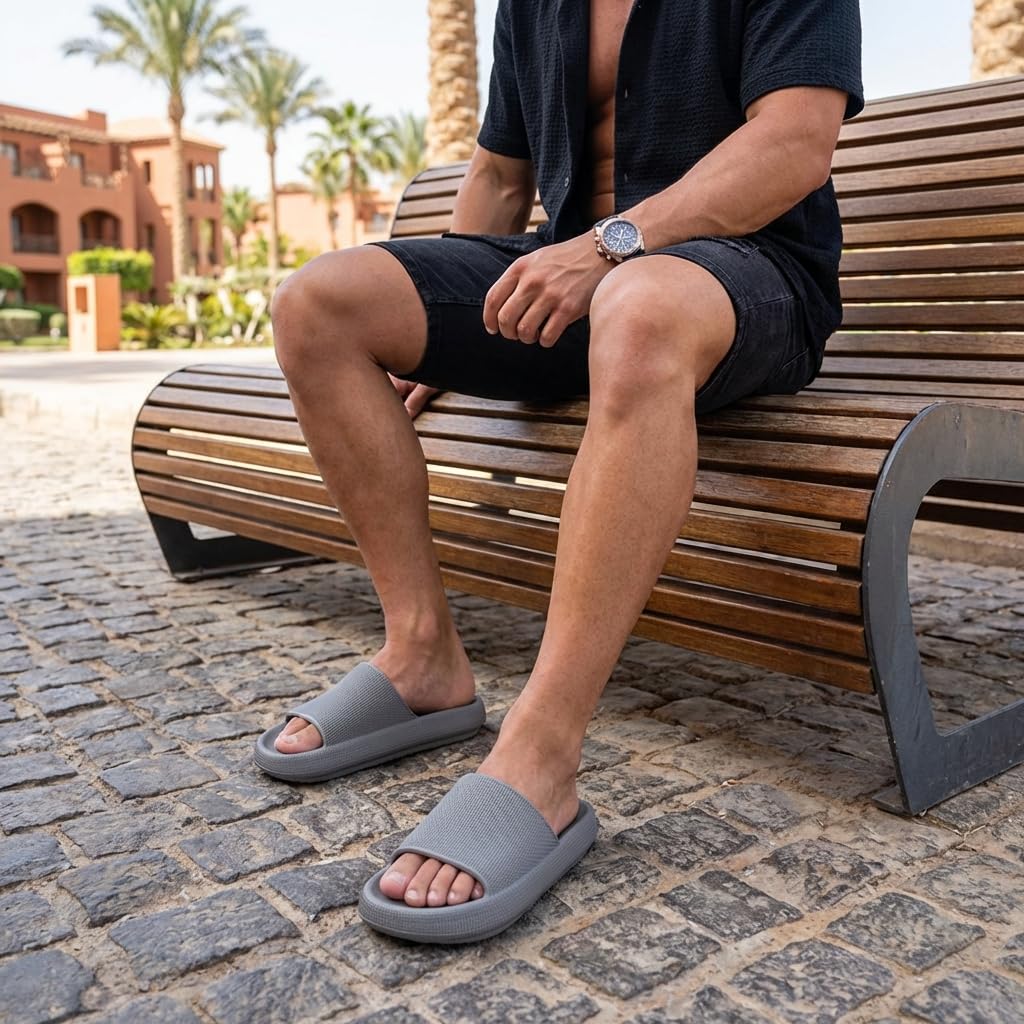 CUSHIONAIRE Feather EVA Mens Sandals – Slip On Recovery Slides, Lightweight Water Shoes for Men, GRAY 9
