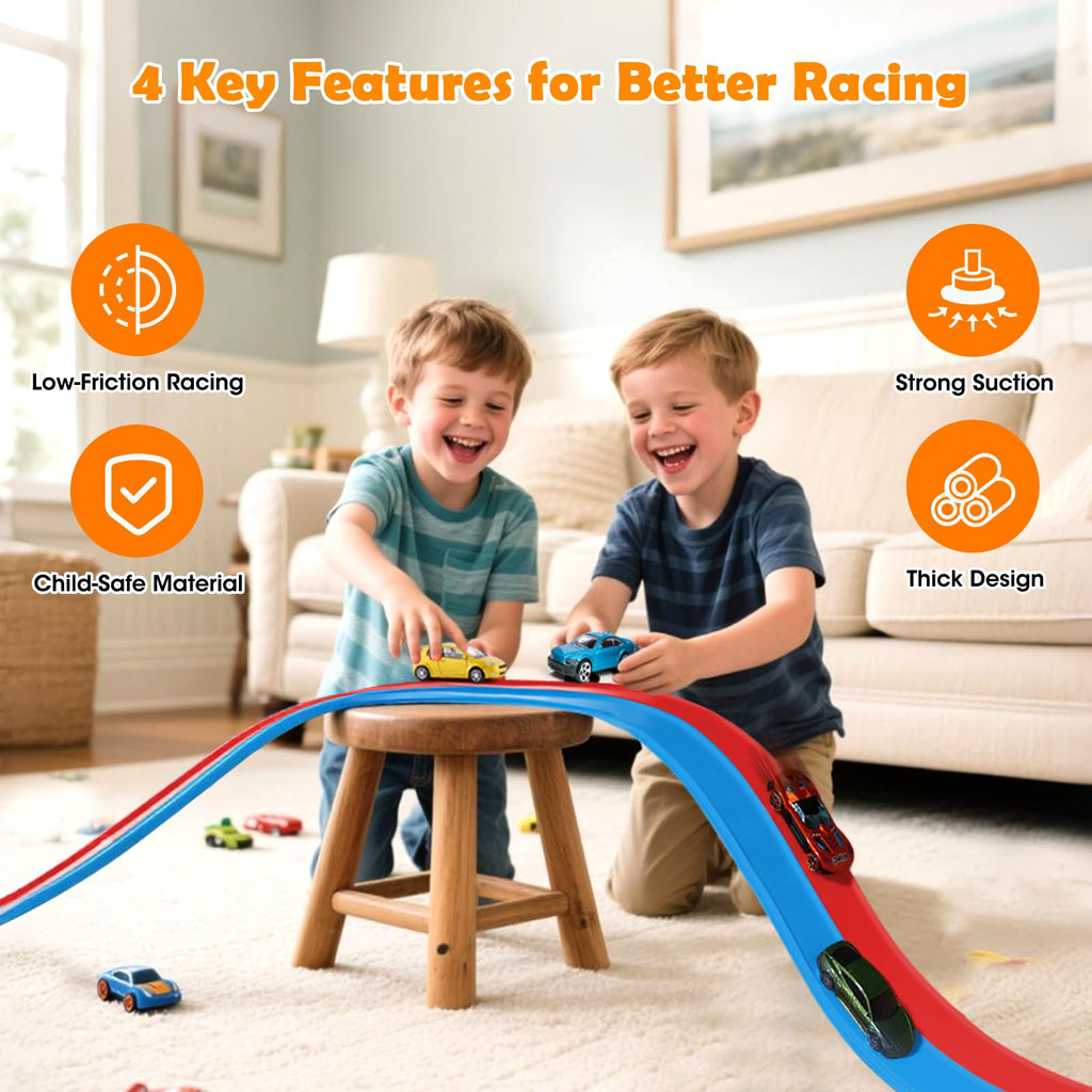 15 Ft Flexible Race Track for Kids 3+, Certified Safe Flex Race Car Ramp with Two 1/64 Diecast Cars — Starter Set, Portable Roll-Up Racetrack with Strong Suction Cups, Great Gift for Boys Girls