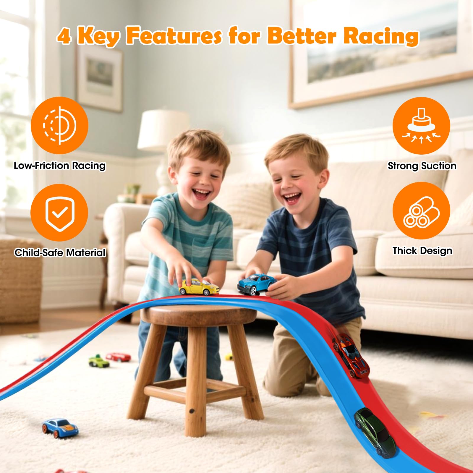 15 Ft Flexible Race Track for Kids 3+, Certified Safe Flex Race Car Ramp with Two 1/64 Diecast Cars — Starter Set, Portable Roll-Up Racetrack with Strong Suction Cups, Great Gift for Boys Girls