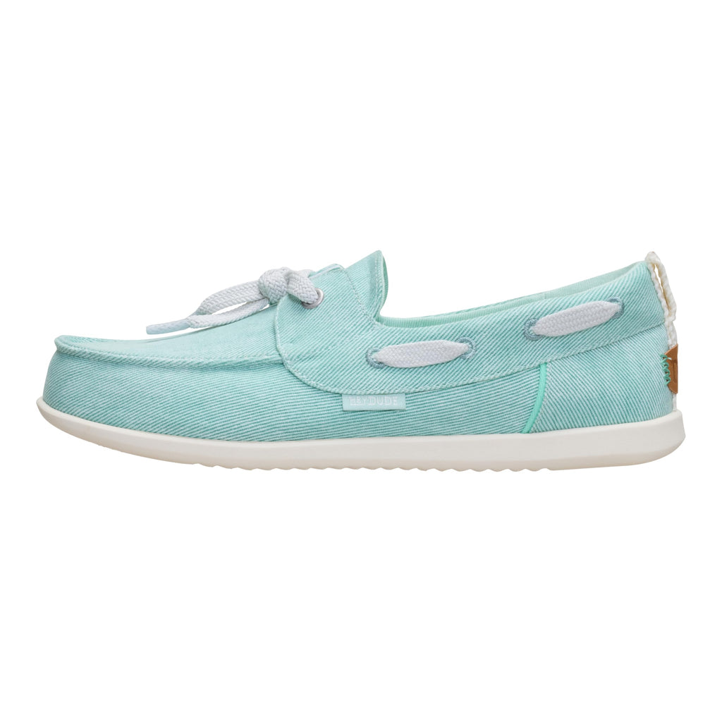 HEYDUDE Women's Harbor Breeze Lo Washed Twill Classic Boat Shoe | Harbor Green | Size 8 | Lightweight Slip-On Loafer