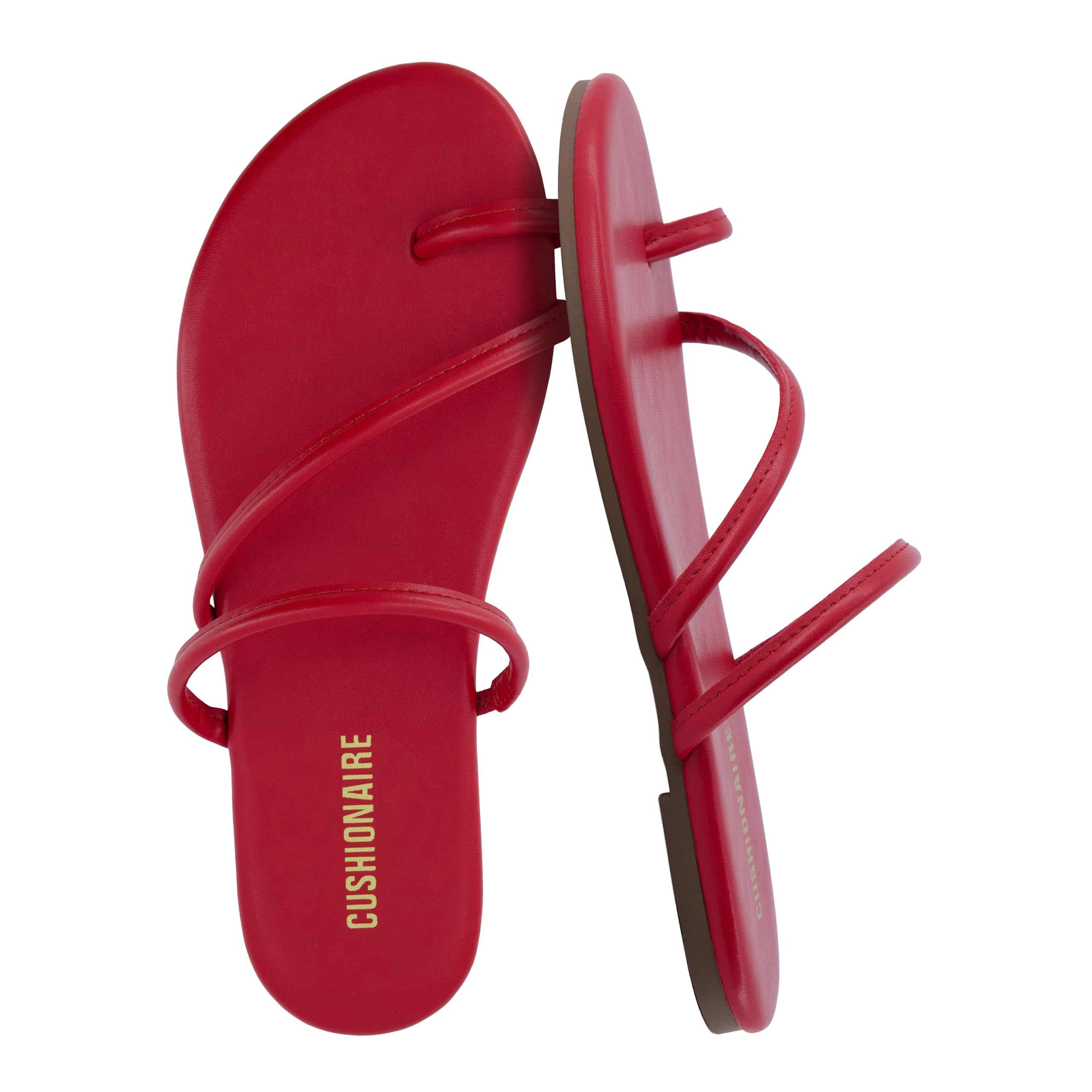 CUSHIONAIRE Resort Strappy Sandals for Women, Vegan Leather Memory Foam Flat Women's Sandals with Toe Ring, RED 11