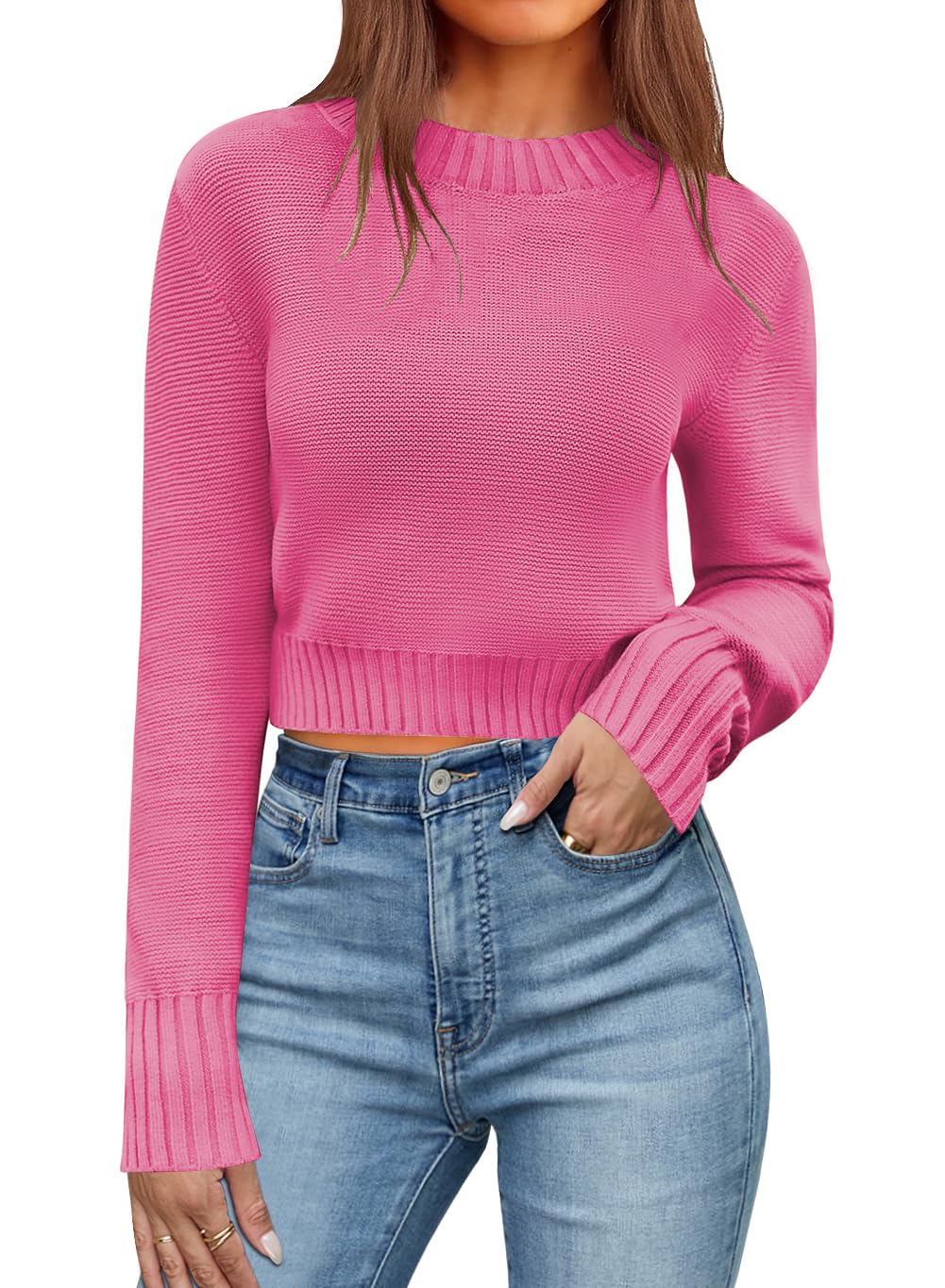 QACOHU Womens Spring Sweater Crew Neck Cropped Sweaters Pullover Long Sleeve Jumper Fashion Tops Knit Pullovers ROSEO S