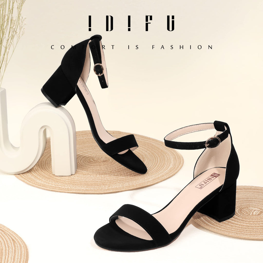 IDIFU Women's Cookie-LO Low Block Heels Chunky Sandals Ankle Strap Wedding Dress Pump Shoes(Black Nubuck, 8.5)