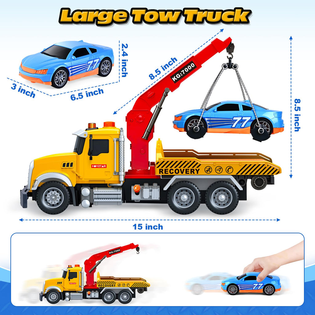 Kids Toys for 3 4 5 6 7 Years Old Boys, 15" Large Tow Truck Toy, Friction Powered Transport Truck Crane Vehicle Toy with Lights and Sounds, Racing Car, Traffic Signs, Birthday Gifts for Boys Girls