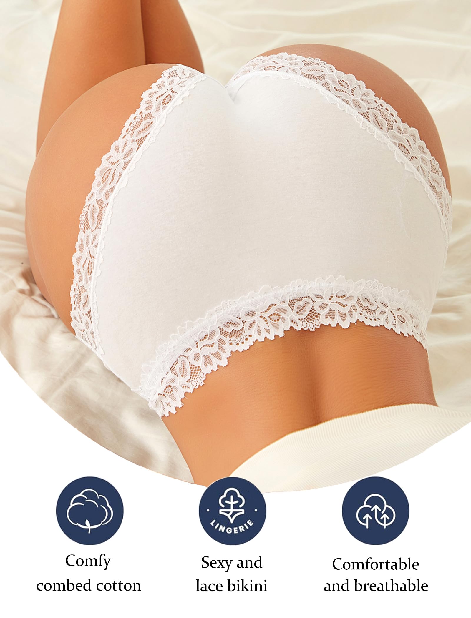 ALL OF SHE Womens Cotton Underwear Cheeky Bikini Panties Sexy Lace Briefs Soft Stretch Lingerie for Ladies Underwear Pack 6