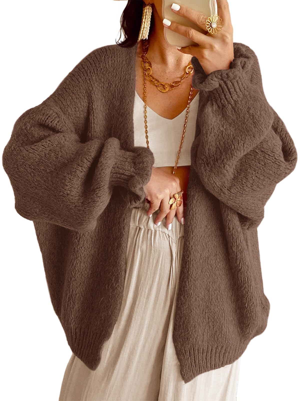 Saodimallsu Womens Oversized Open Front Cardigan Fall Ruffle Lantern Long Sleeve Chunky Knit Loose Sweater Coats Coffee