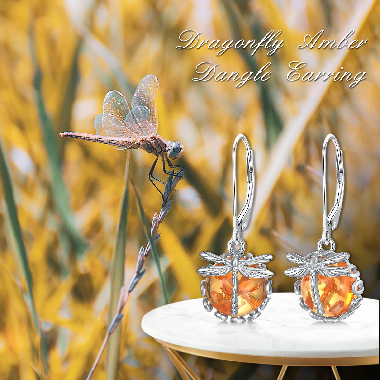 KZX Dragonfly Earrings for Women 925 Sterling Silver Amber Dangle Earrings Dragonfly Earrings Dangle Jewelry Gift for Wife Mom Nana