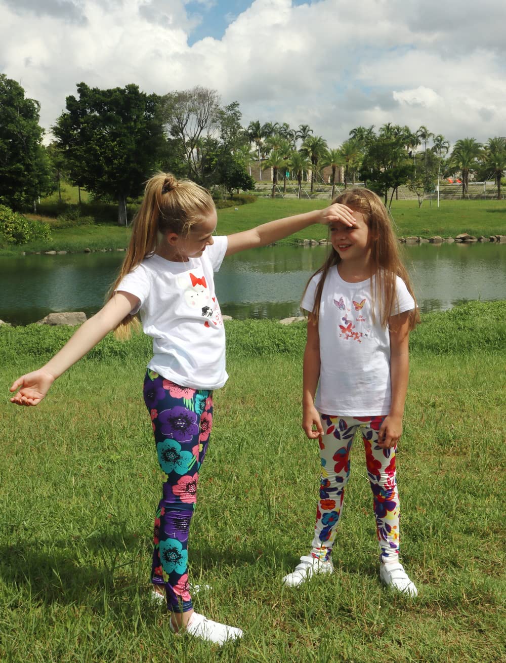 LUOUSE Girl's 3 pack Full Length Comfy Yoga Pants, 01 Cute Pink Pureple Rose, 8-9 Years