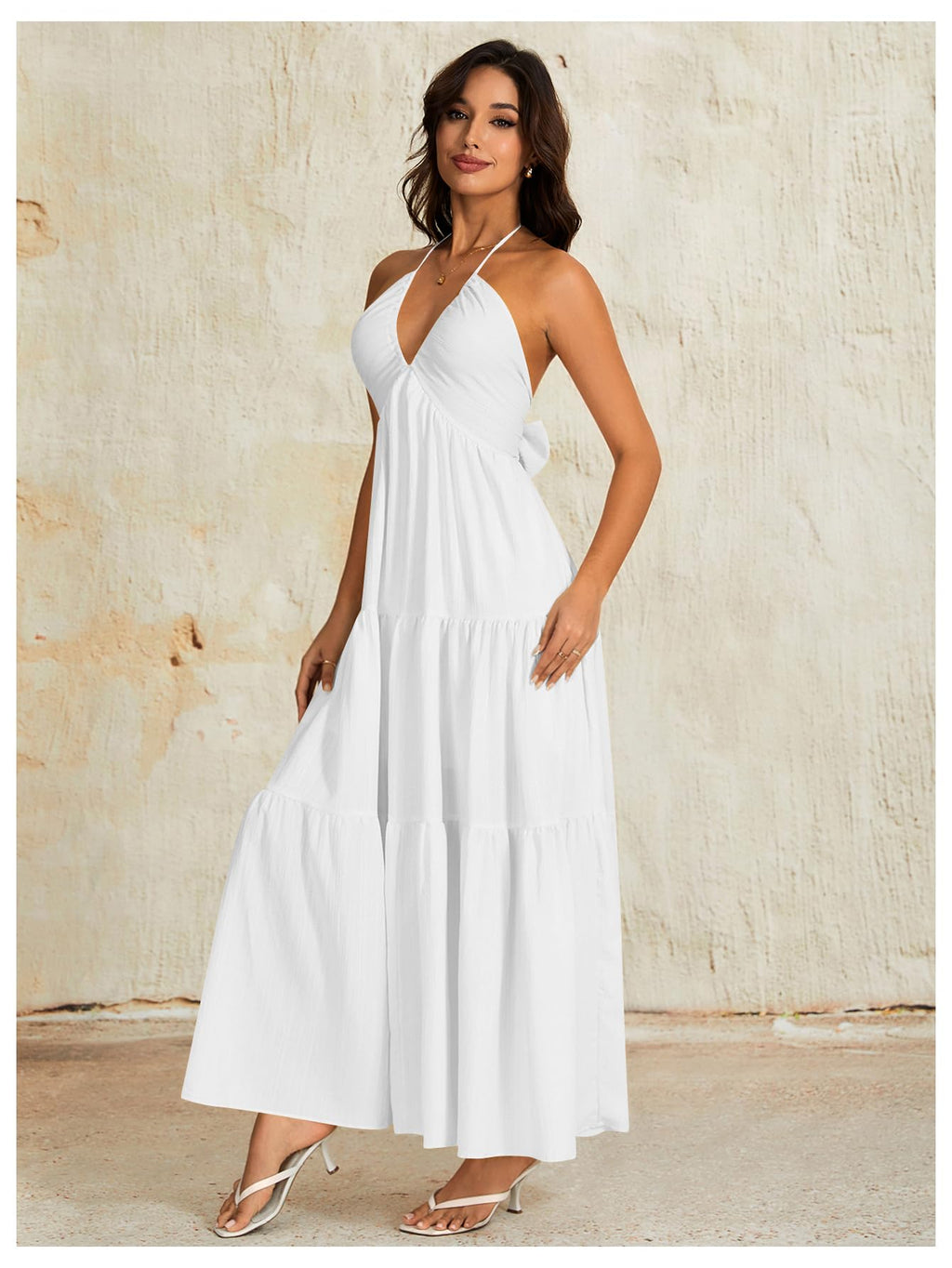 OYOANGLE Women's Summer Beach Sundress Formal Wedding Guest Dress Backless Flowy Vacation Boho Maxi Dresses White Small