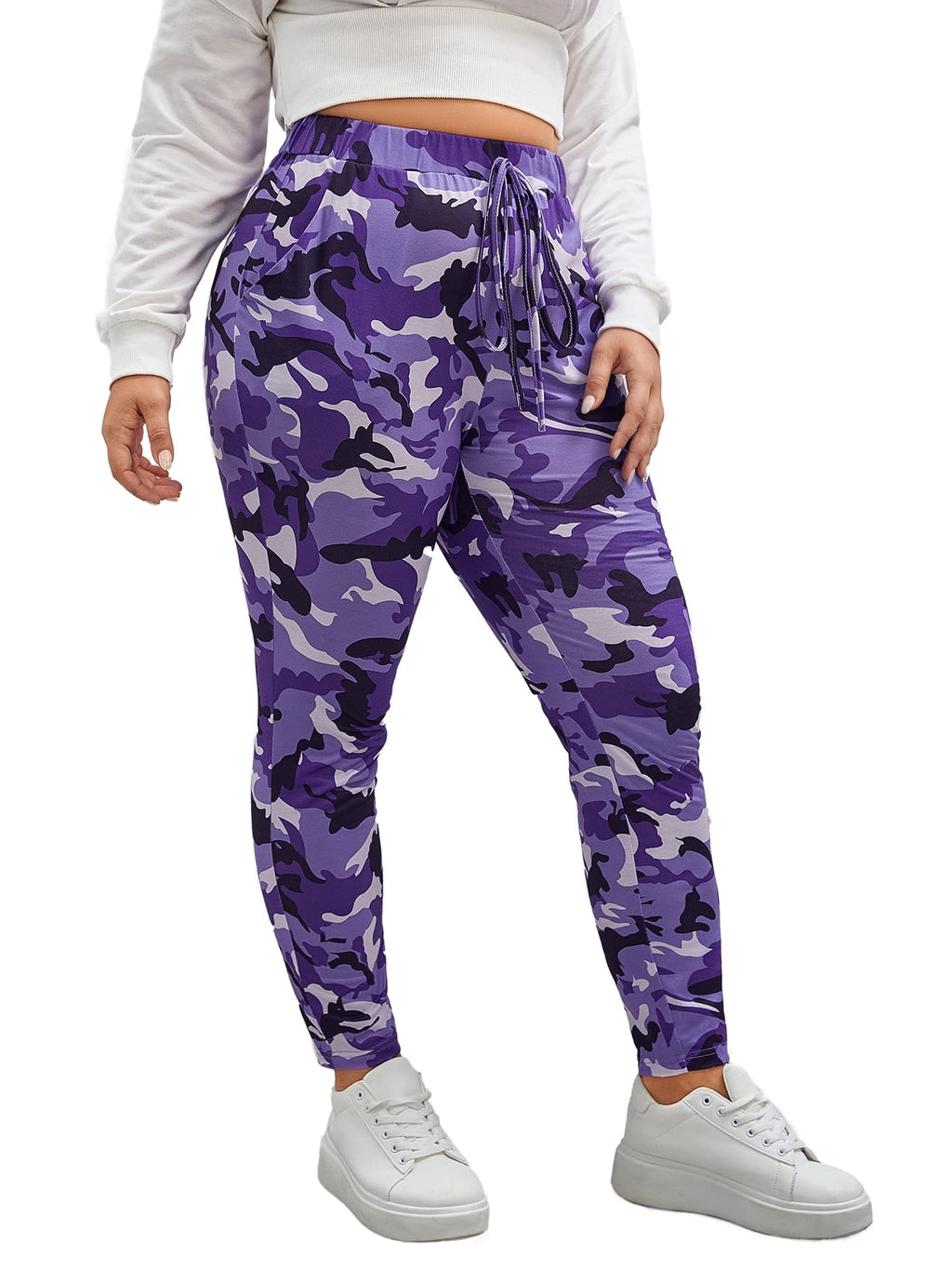 WDIRARA Women's Plus Size Camo Print Tie Front Stretch Skinny Long Pants Multicolor Purple 2XL