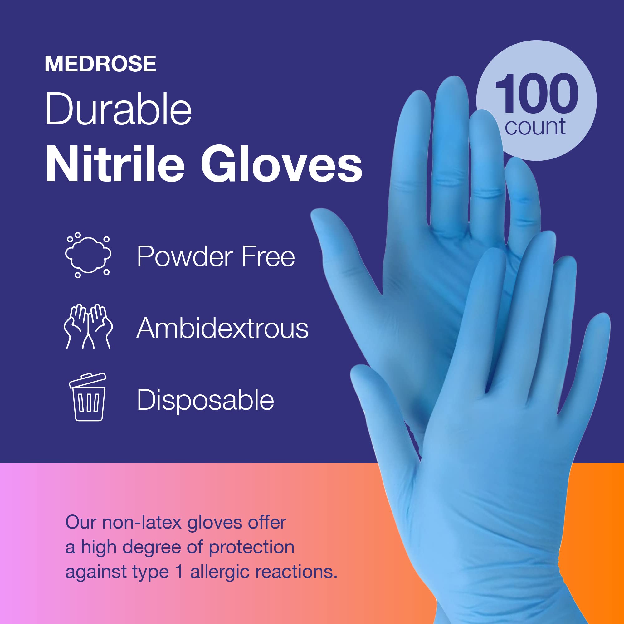 DiRose MedRose Disposable Nitrile Gloves - Powder Free Non-Latex Gloves for Medical Exam, Cleaning, and General Use - Small (100ct)