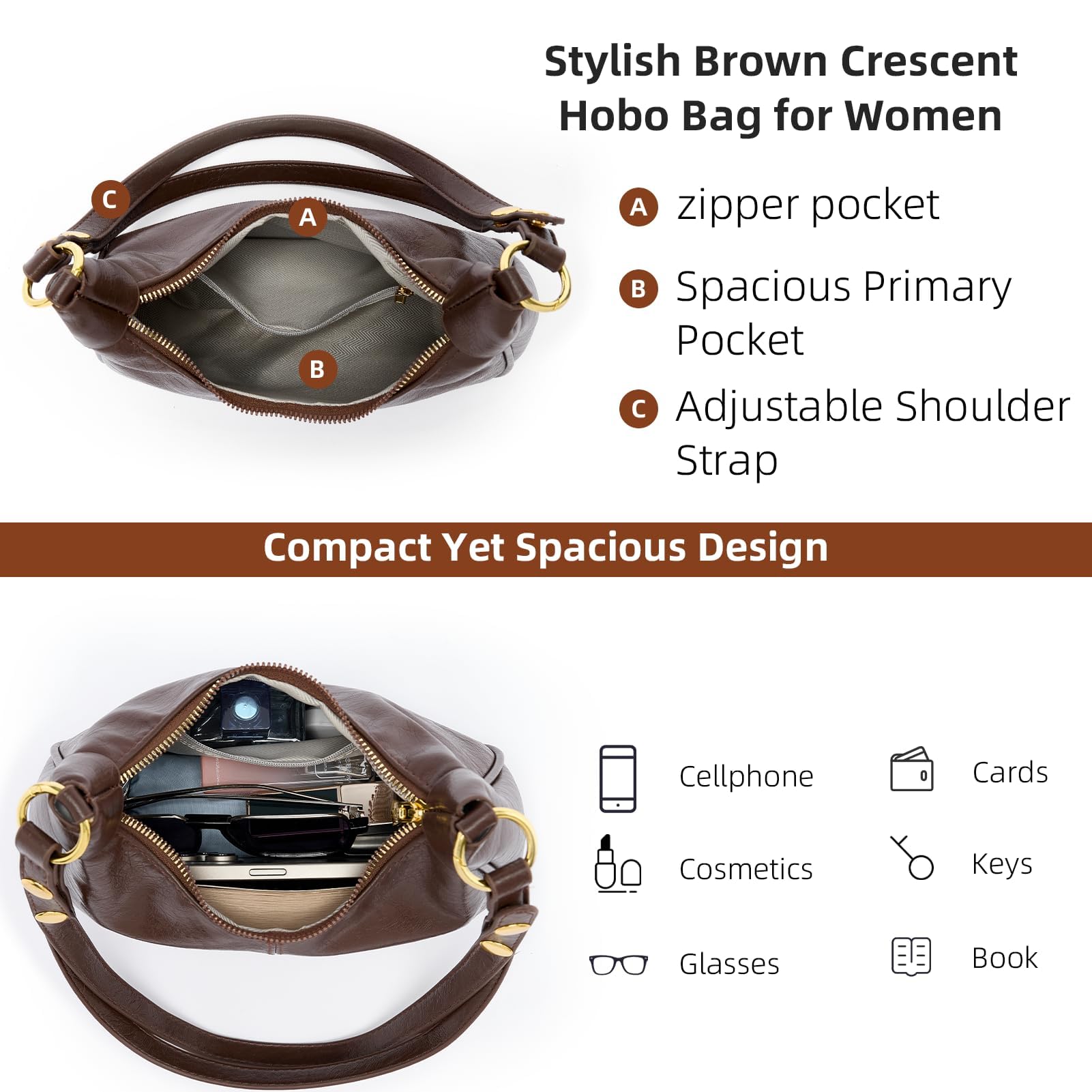Shoulder Bags for Women Small Hobo Bags Crescent Shaped Cute Retro Tote Handbag Mini Clutch Purse with Zipper Closure (Brown)