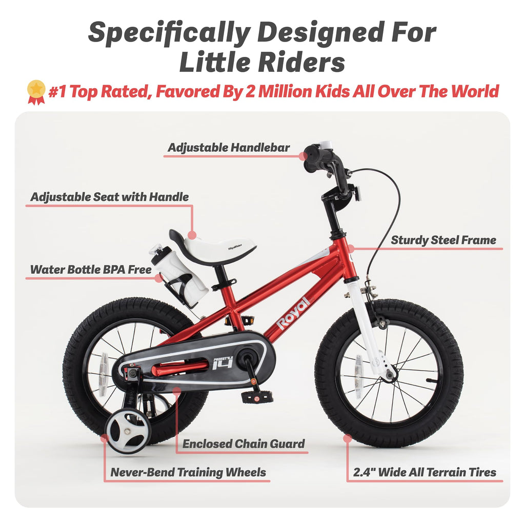 RoyalBaby Freestyle Kids Bike 14 Inch Childrens Bicycle with Training Wheels Toddlers Boys Girls Beginners Ages 3-5 Years, Red