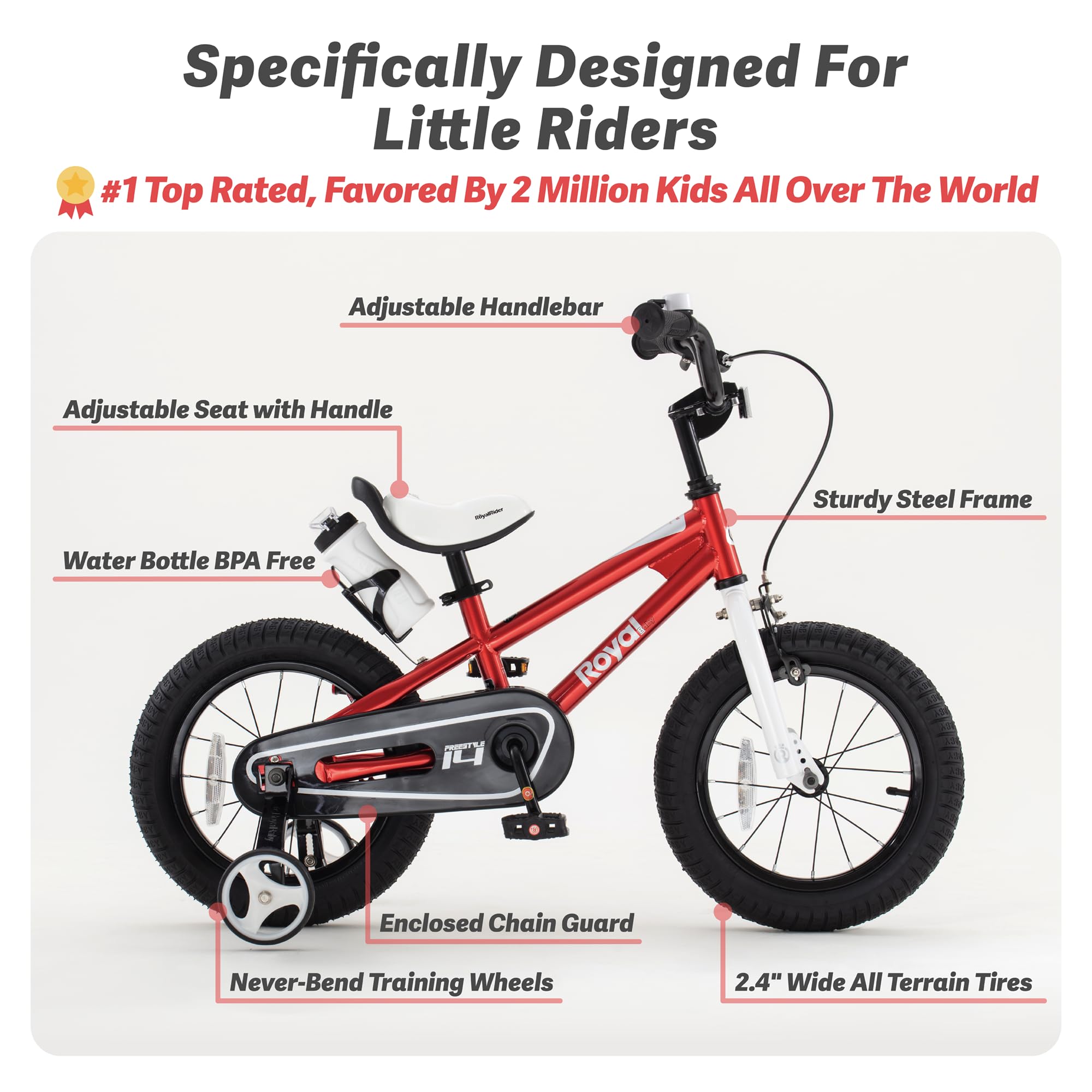 RoyalBaby Freestyle Kids Bike 14 Inch Childrens Bicycle with Training Wheels Toddlers Boys Girls Beginners Ages 3-5 Years, Red