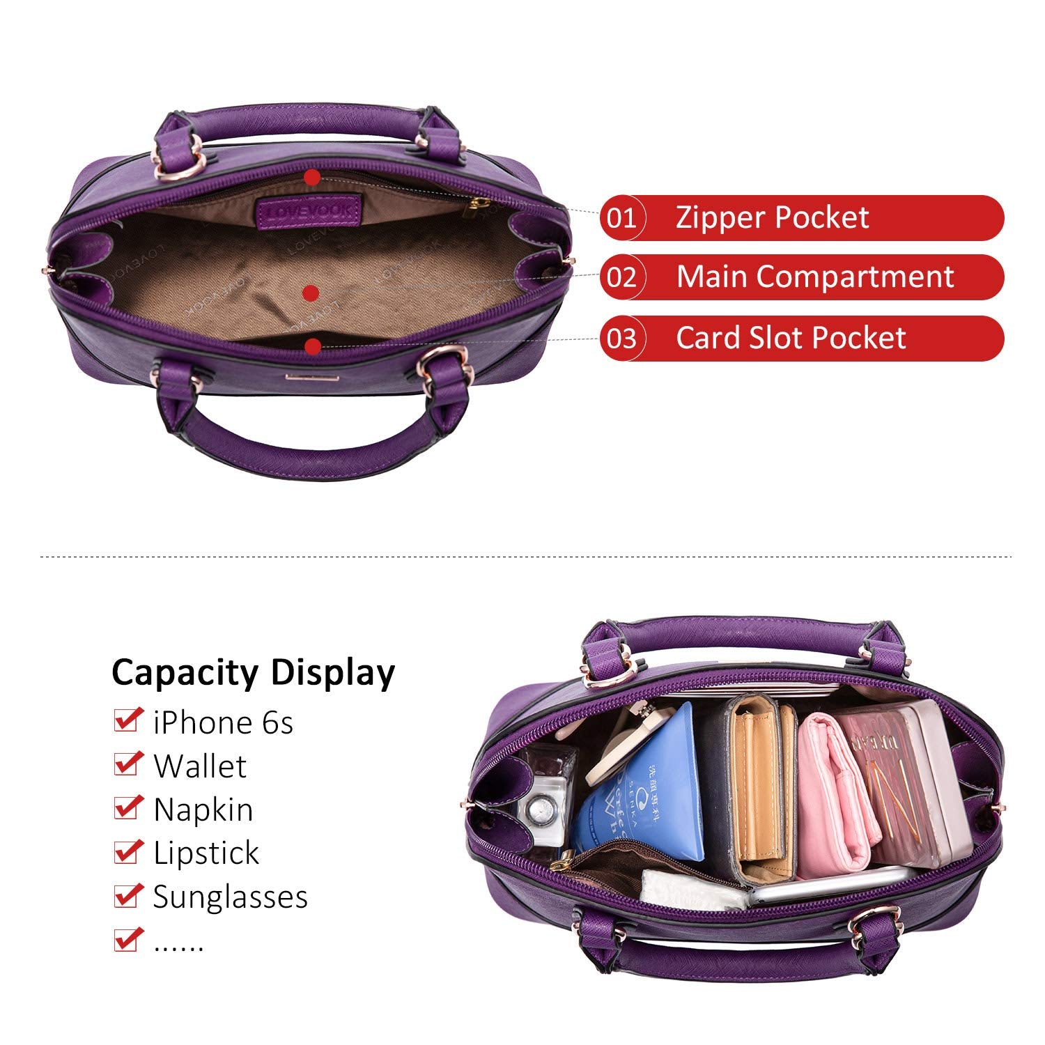 Small Crossbody Bags for Women Classic Double Zip Top Handle Dome Satchel Bag Shoulder Purse Purple