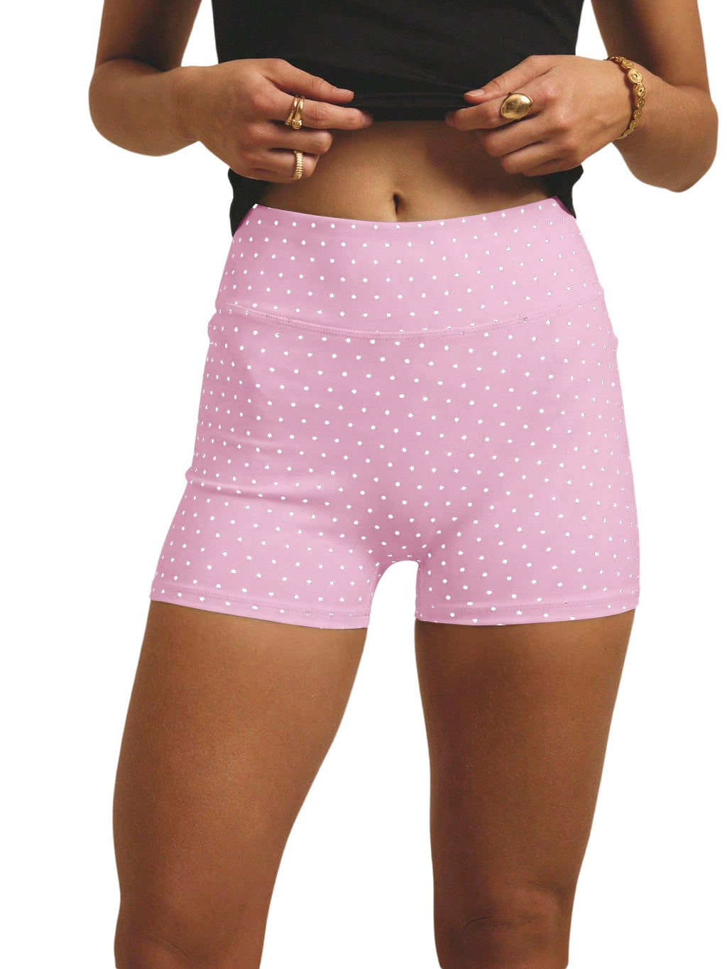 WDIRARA Women's Polka Dots Biker Shorts Elastic Waist Athletic Workout Yoga Shorts Pink Medium