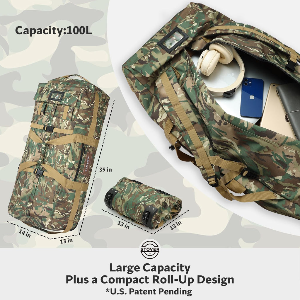STOVER 45/80/100L Rolling Duffel Bag with Wheels, X-Large Durable Travel Duffle + Toiletry Bag, Heavy Duty, Packable with Shoulder Straps- Use as Luggage or Backpack (Camouflage)