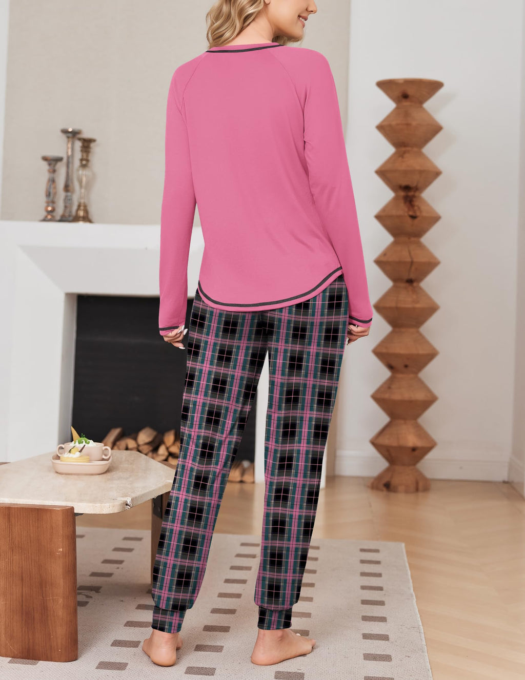 Ekouaer Women Pajama Sets 2 Piece Long Sleeves and Joggers Sleepwear Set Soft Pjs Lounge Set with Pockets Pink Plaid XL