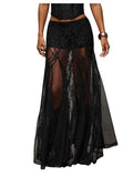 WDIRARA Women's Sexy See Through Sheer Lace Maxi Skirt Low Waist Ruffle Hem A Line Flowy Skirt Black Large