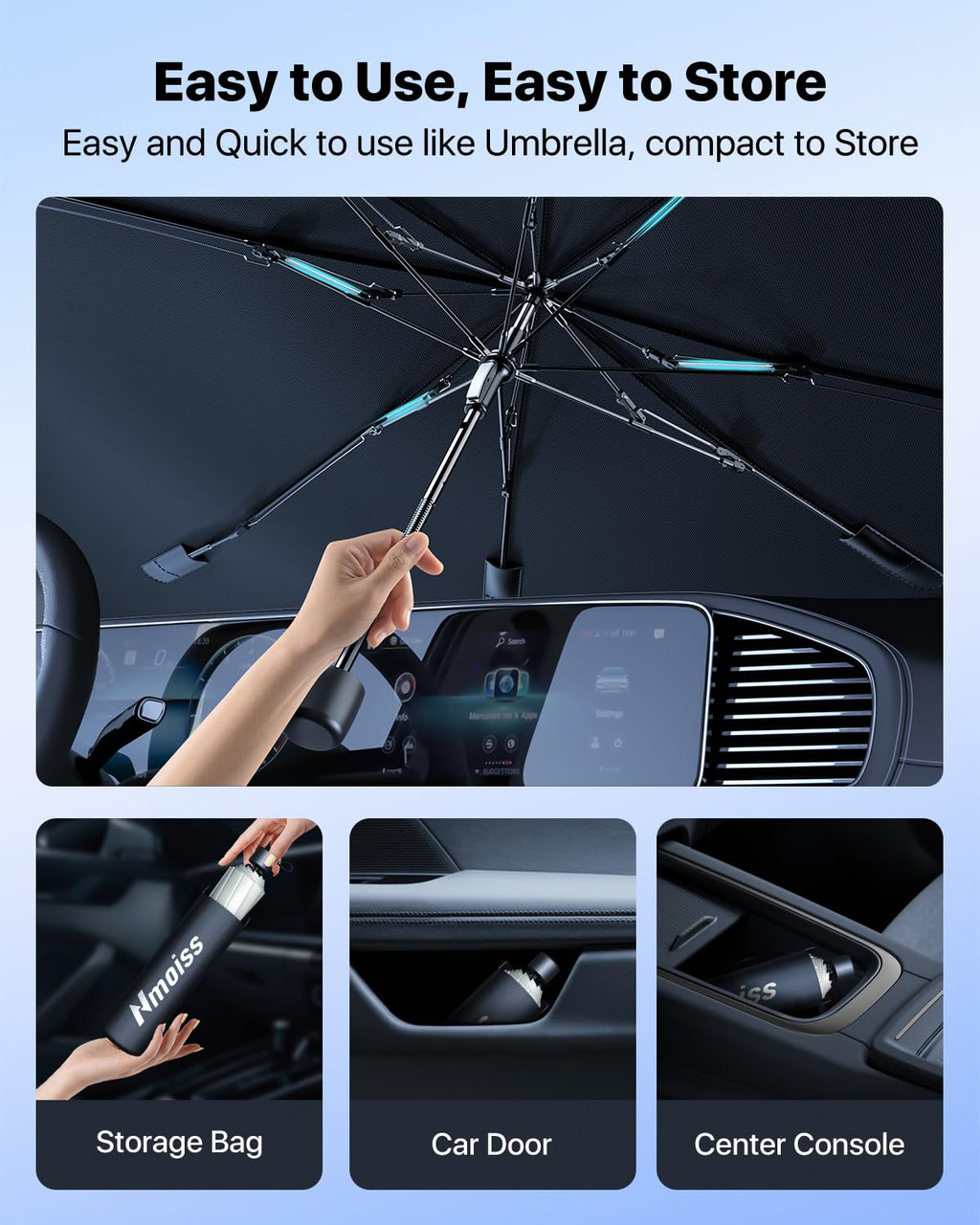 Upgrade Nmoiss Windshield Sun Shade Umbrella - [Vinyl Coating Heat Shield] Protect Car from Sun Rays & Heat Damage Keep Cool and Protect Interior, Spring Structure Edge Medium 56" L x 31" W