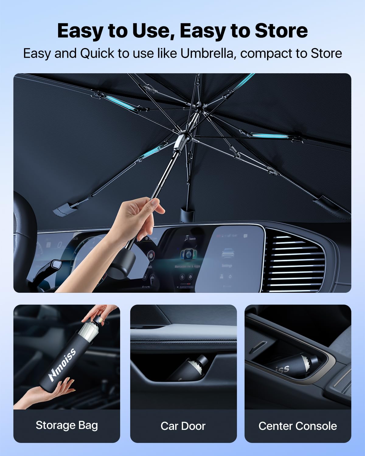 Upgrade Nmoiss Windshield Sun Shade Umbrella - [Vinyl Coating Heat Shield] Protect Car from Sun Rays & Heat Damage Keep Cool and Protect Interior, Spring Structure Edge Medium 56" L x 31" W