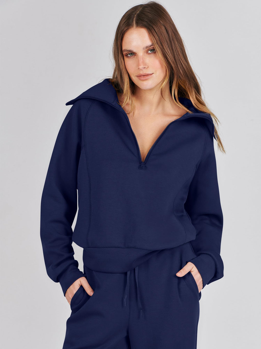 ANRABESS Women 2 Piece Outfits 2025 Fall Fashion Airport Wide Leg Pants Lounge Set Leisure Travel Vacation Clothes Sweatsuits Navy Blue Large