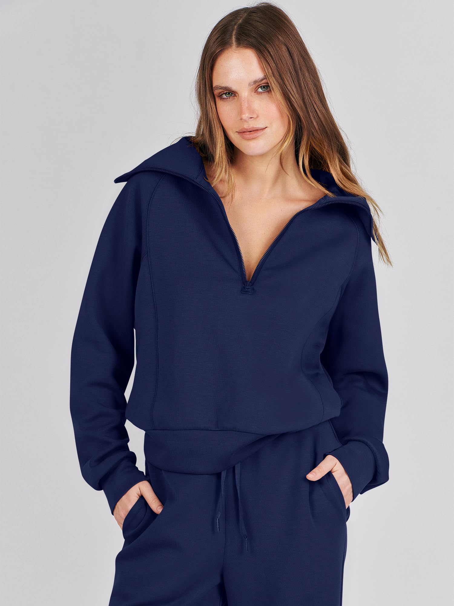 ANRABESS Women 2 Piece Outfits 2025 Fall Fashion Airport Wide Leg Pants Lounge Set Leisure Travel Vacation Clothes Sweatsuits Navy Blue Large