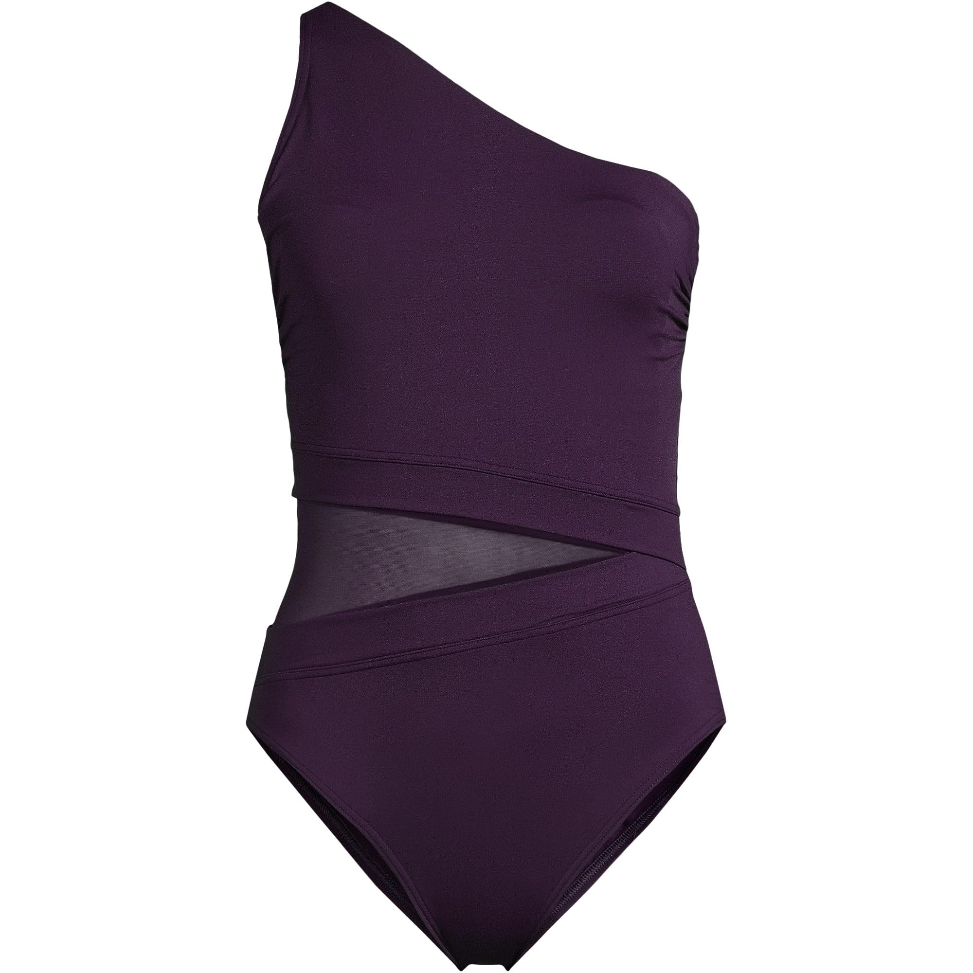 Lands' End Women's Chlorine Resistant Smoothing Control Mesh High Leg One Shoulder One Piece Swimsuit 2 BlackBerry