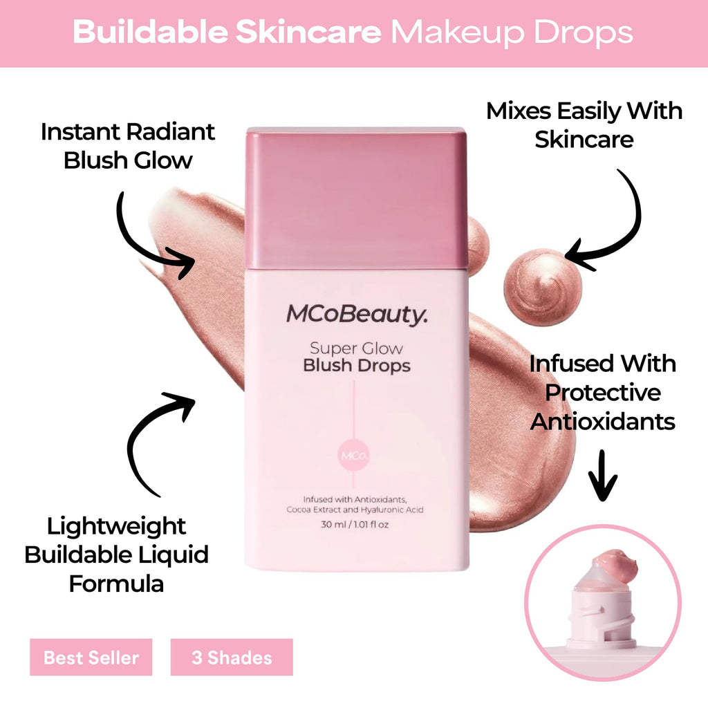 MCoBeauty Super Glow Blush Drops - Blush Pink - Liquid Cheek Color - Buildable Warm Flush with Jojoba Oil Hyaluronic Acid Cocoa Extract White Tea Antioxidants - Vegan & Cruelty Free