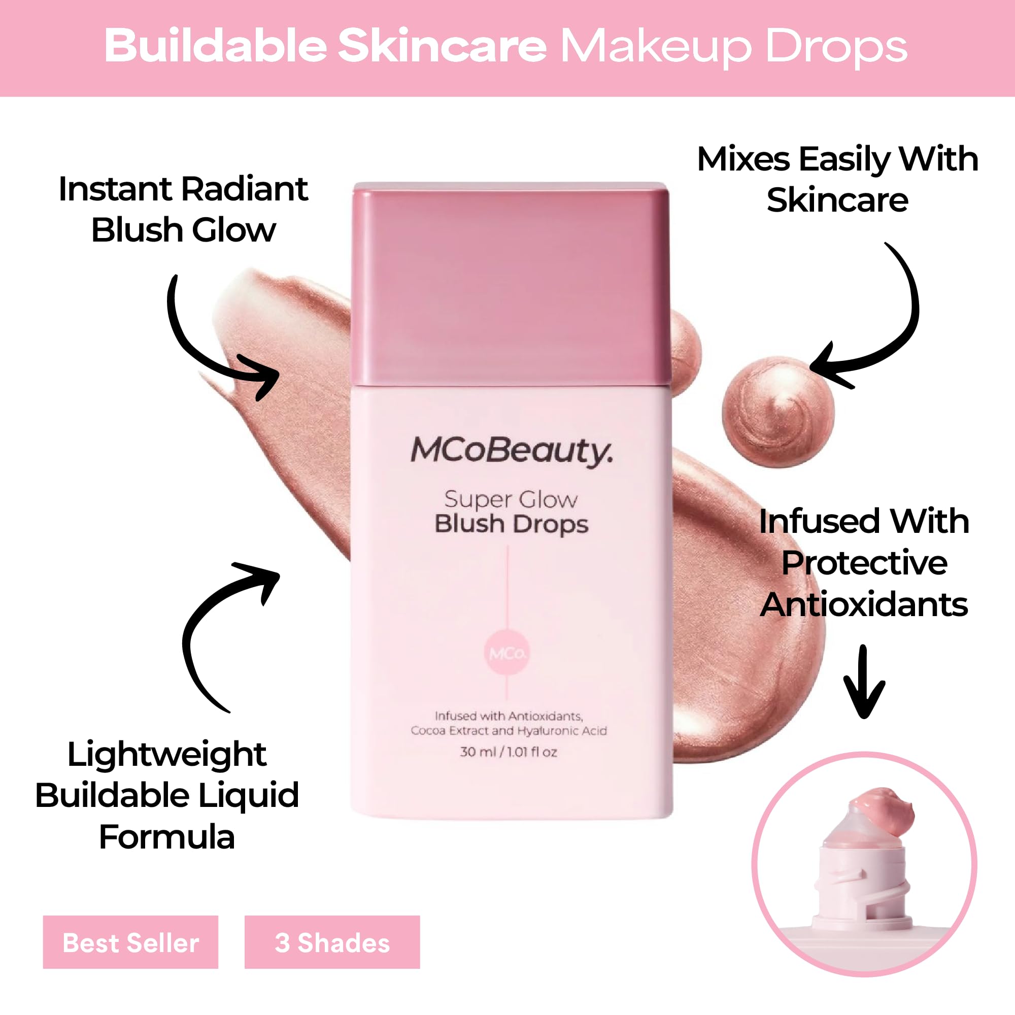 MCoBeauty Super Glow Blush Drops - Blush Pink - Liquid Cheek Color - Buildable Warm Flush with Jojoba Oil Hyaluronic Acid Cocoa Extract White Tea Antioxidants - Vegan & Cruelty Free