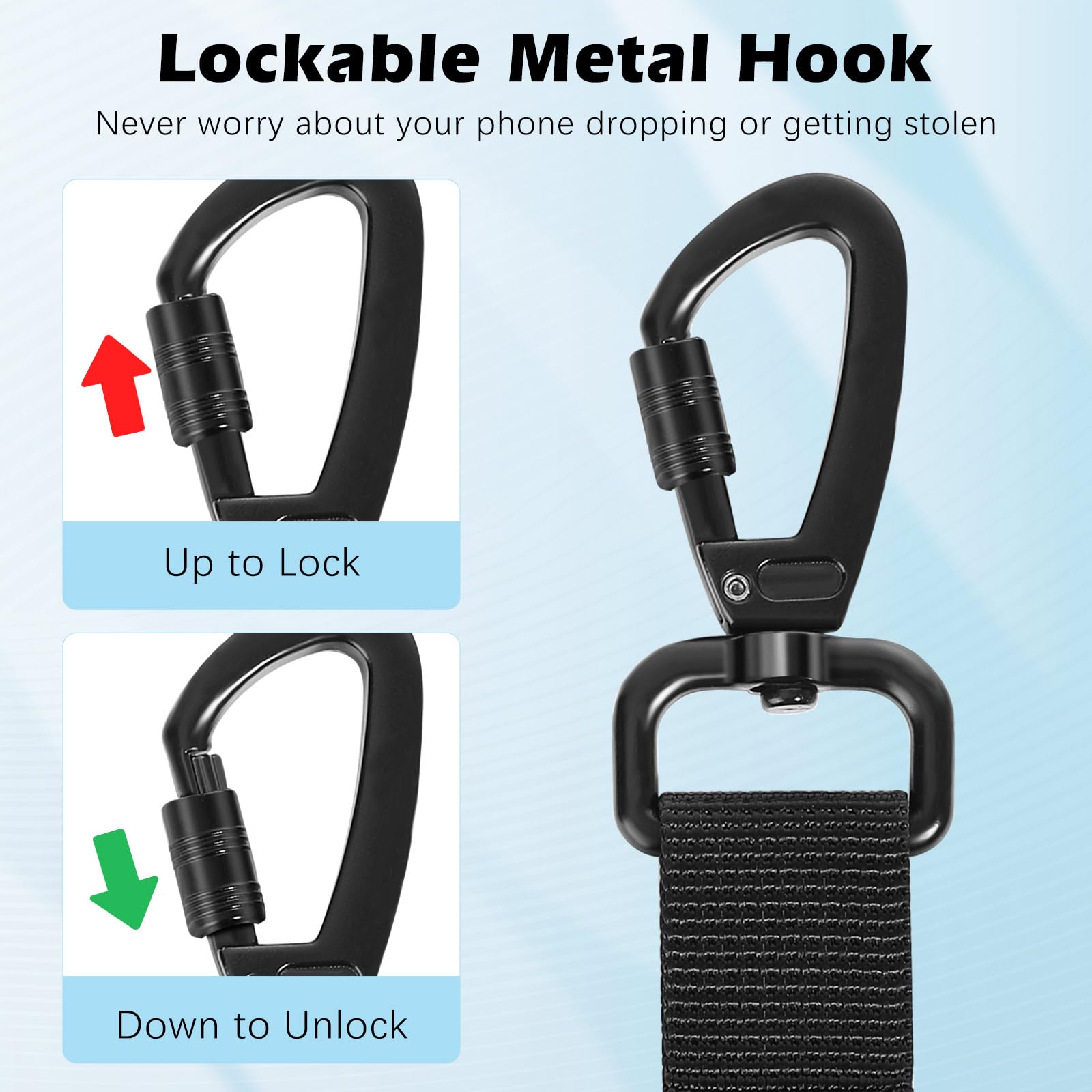 MoKo Anti-theft Phone Tether, Phone Lanyard Retractable Steel Line Cellphone Strap with Locking Carabiner and Metal 360° Tether Tab for Outdoor Skiing Hiking Climbing Fishing, Black