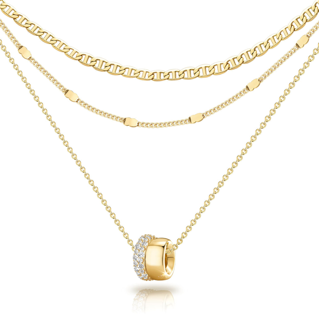 OGD Layered Necklaces for Women 14K Gold Plated Trendy Mariner Chain Dainty Circle Rondelle Pendant Choker Necklace for Women Two-Toned Cubic Zirconia Gold Necklace Stack Non Tarnish Hypoallergenic