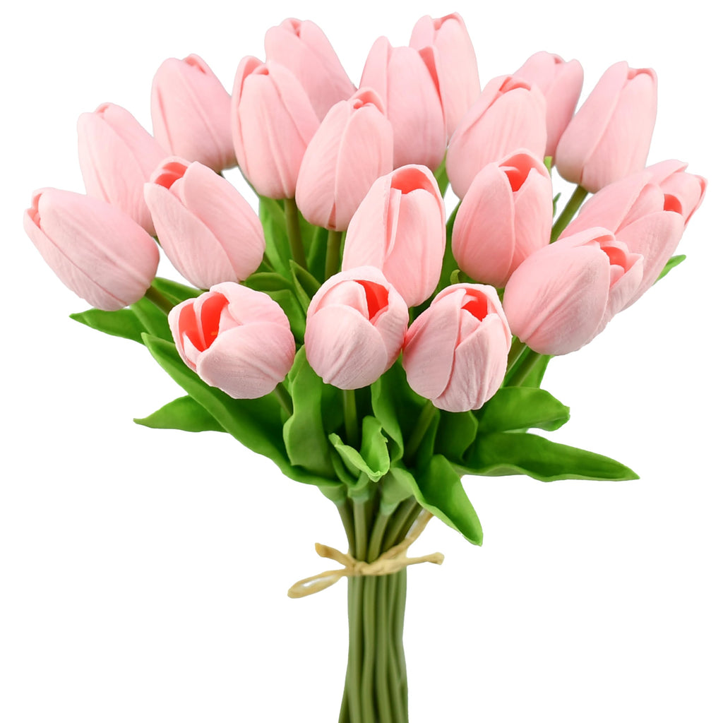 Mandy's Artificial Tulips 20 Stems Light Pink PU Faux Flowers for Valentine's Day and New Year Decorations Wedding Home Decor 13.5 Inch