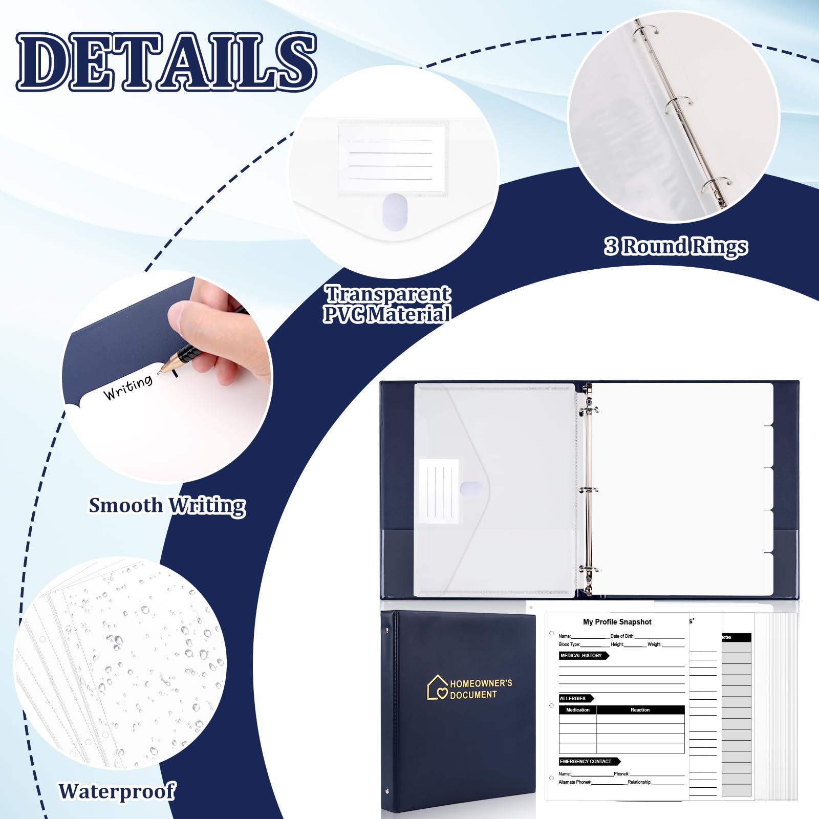 Home Organizer Binder 8.5"×11" Home Management 3 Ring Binder Household Health Planner Journal with 15 Dividers & 25 PCS Protectors & Binder Pocket & 3 Information Tables for Family Medical Documents