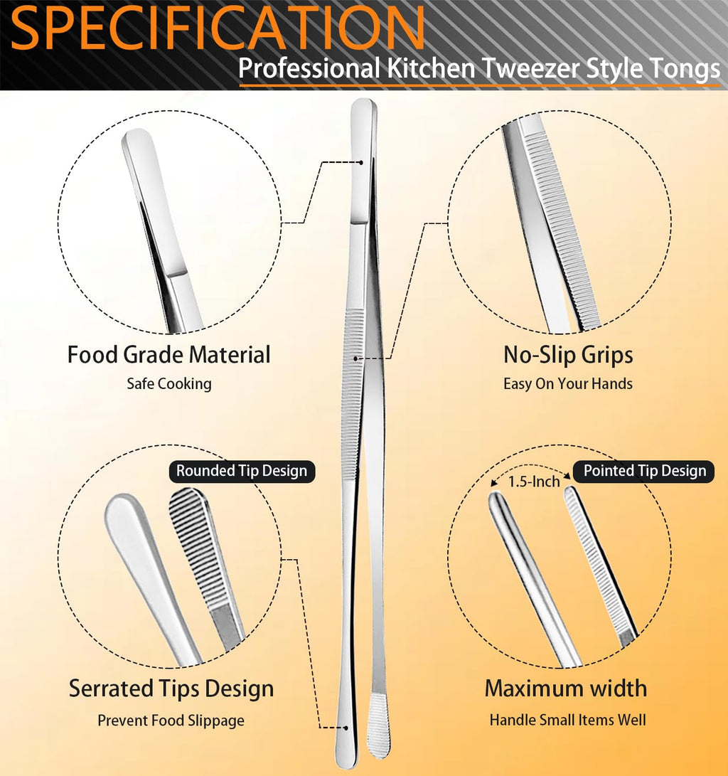 JETKONG 6 Pcs Cooking Tweezer Tongs, 12'' and 6.3" Stainless Steel Kitchen Tweezer Set, Professional Chef Tweezers for Cooking, Repairing, Sea Food, BBQ, Multi-use
