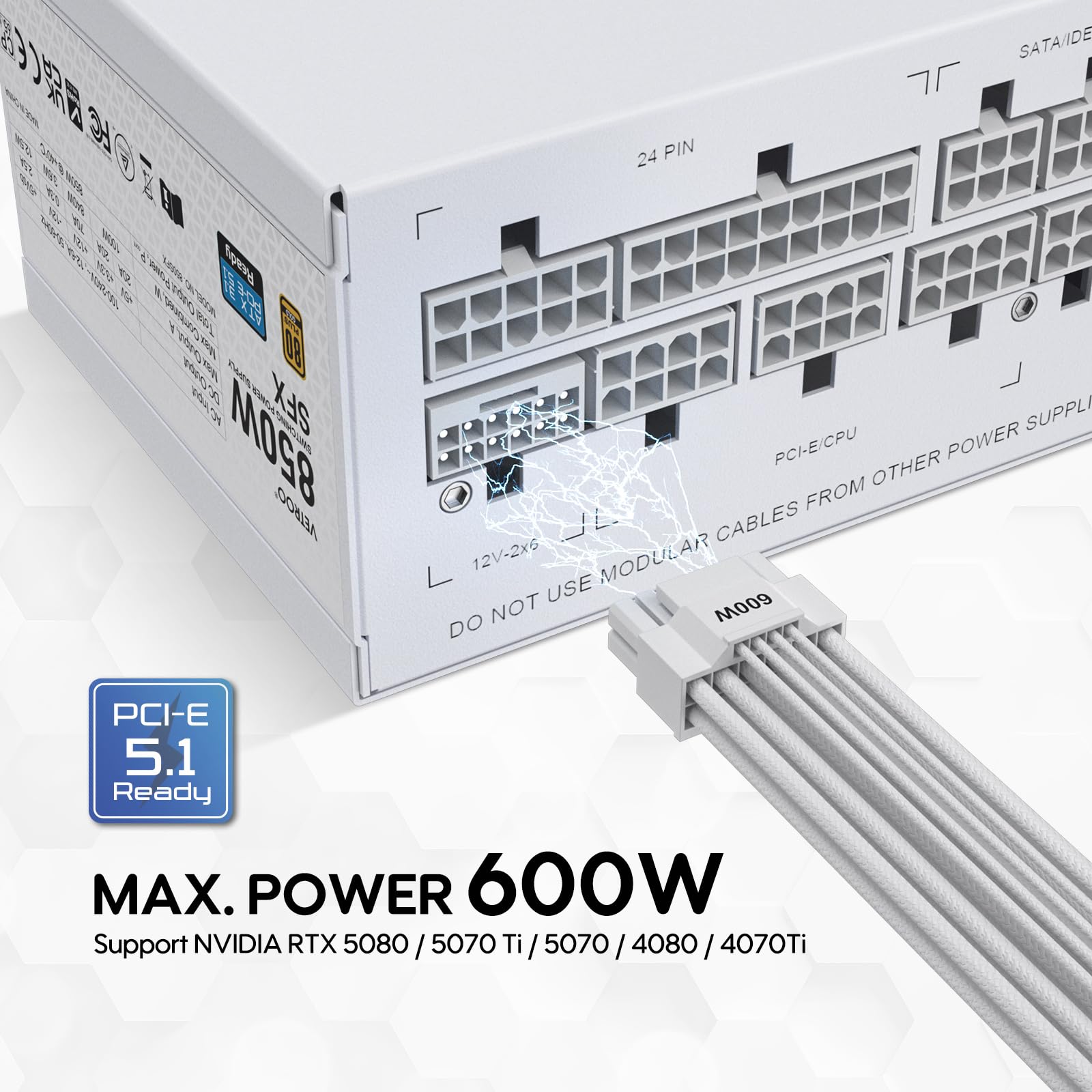 Vetroo 850W SFX Power Supply ATX 3.1 & PCIE 5.1 Ready, 80 Plus Gold Certificate Fully Modular, 90mm FDB Fan for Low-Noise Operation, SFX-to-ATX Bracket, 10-Year Warranty - White